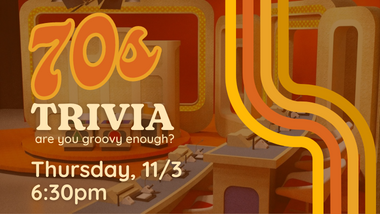 Over an image of a classic 70s game show set is the text "70s Trivia, are you groovy enough?"
